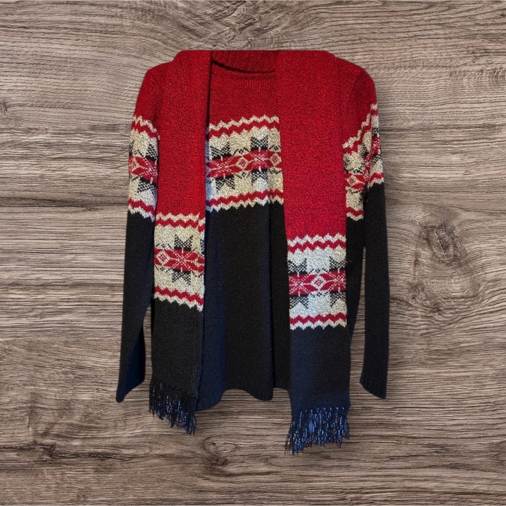 Fairisle Red and Black Women's Turtleneck Sweater with scarf 14/16 vintage